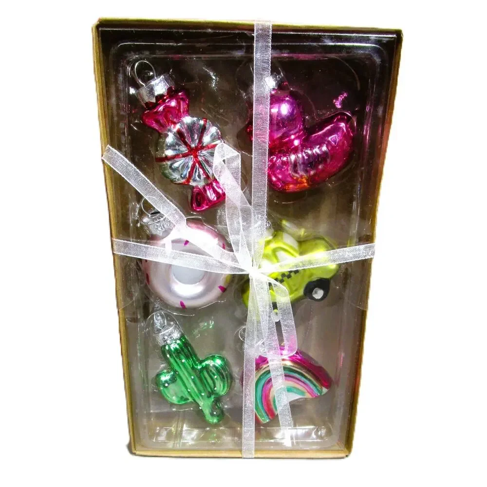 Glass Holiday Ornament Set Six Unique Designs Cactus Rainbow Duck Candy Shapes